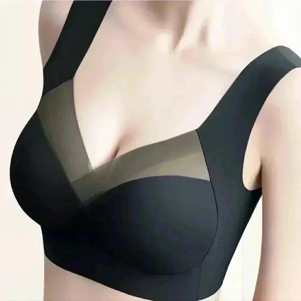 Black Mesh Deep‑V Support Bra Top | Sheer Panel | Modern Sleek Fit